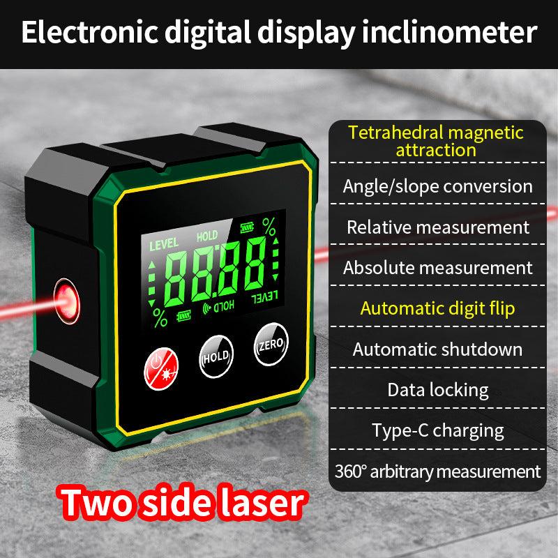 Instant Angle Finder magnetic digital tool with green LCD display and red laser on workbench